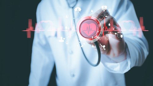 A physician holding a stethoscope with a heart-rhythm graphic